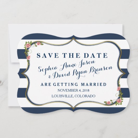 Elegant Navy Blue Stripes Wedding Save the Date (Voorkant)