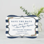 Elegant Navy Blue Stripes Wedding Save the Date (Staand voorkant)