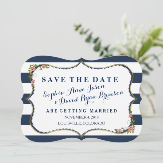 Elegant Navy Blue Stripes Wedding Save the Date (Staand voorkant)