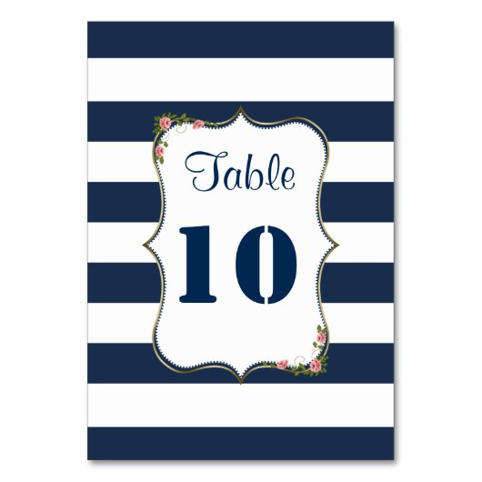 Elegant Navy Blue Stripes Wedding Table Numbers Kaart (Achterkant)
