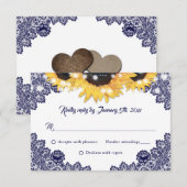 Elegant Navy Blue Sunflower Floral Lace Wedding RSVP Kaartje (Voorkant / Achterkant)
