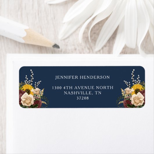 Elegant Navy Blue Sunflower Floral Wedding Addres Etiket (Insitu)