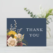 Elegant Navy Blue Sunflower Floral Wedding Bedankkaart (Staand voorkant)