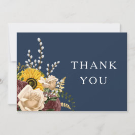 Elegant Navy Blue Sunflower Floral Wedding Bedankkaart
