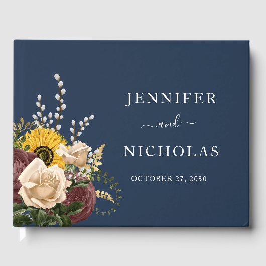 Elegant Navy Blue Sunflower Floral Wedding Gastenboek (Voorkant)