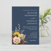 Elegant Navy Blue Sunflower Floral Wedding Kaart (Staand voorkant)