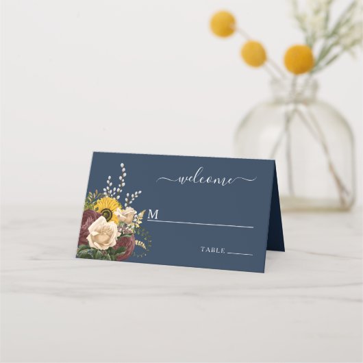Elegant Navy Blue Sunflower Floral Wedding Plaatskaartje (Voorkant)