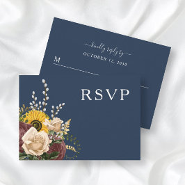 Elegant Navy Blue Sunflower Floral Wedding RSVP Kaartje