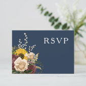Elegant Navy Blue Sunflower Floral Wedding RSVP Kaartje (Staand voorkant)
