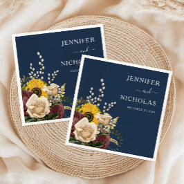 Elegant Navy Blue Sunflower Floral Wedding Servet