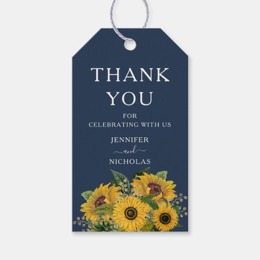 Elegant Navy Blue Sunflower Weddenschap Cadeaulabel (Voorkant)