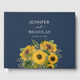 Elegant Navy Blue Sunflower Weddenschap Gastenboek