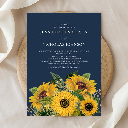 Elegant Navy Blue Sunflower Weddenschap Kaart