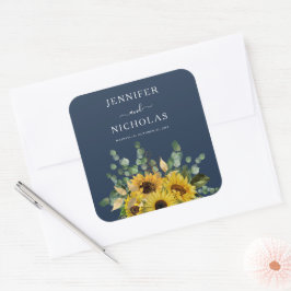 Elegant Navy Blue Sunflower Weddenschap Vierkante Sticker