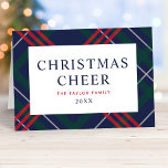 Elegant Navy Blue Tartan Pset met kerstmis Feestdagen Kaart<br><div class="desc">Stijlvolle gevouwen vakantiekaart is voorzien van een klassiek blauw van de marine, een jager groen en een rood tartan-patroon met elegante "Kerstmis"-tekst met een familienaam en een jaar dat volledig kan worden gepersonaliseerd. Een bericht van het douanemanuscript is ook inbegrepen op de binnenkant van de kaart. Pas uw favoriete tekst...</div>