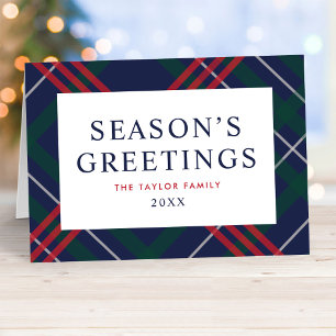 Elegant Navy Blue Tartan Pset Seasons Greetings Feestdagen Kaart