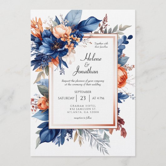Elegant Navy Blue Terracotta Floral Boho Wedding Kaart (Voorkant)