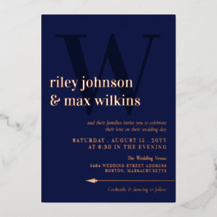 Elegant Navy Blue Typography Arrow Roos Gold Folie Uitnodiging