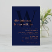 Elegant Navy Blue Typography Arrow Roos Gold Folie Uitnodiging (Staand Voorkant)