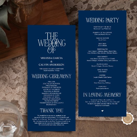 Elegant Navy Blue Typography Wedding Program Programmakaart