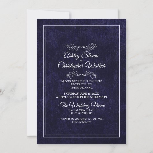 Elegant Navy Blue Velvet White Monogram Wedding Kaart (Voorkant)