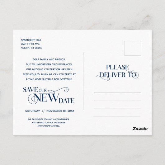 Elegant Navy Blue, verandering van plan, uitstel Briefkaart (Achterkant)