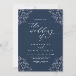 Elegant Navy Blue Vintage Wedding Invitting Kaart