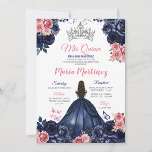 Elegant Navy Blue Vlinder Roze Bloemen Mis Quince Kaart