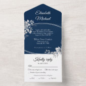 Elegant Navy Blue Waterverf Bloemen bruiloft RSVP All In One Uitnodiging (Binnen)
