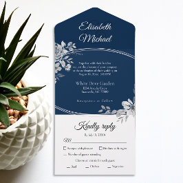 Elegant Navy Blue Waterverf Bloemen bruiloft RSVP All In One Uitnodiging