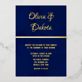 Elegant Navy Blue Waterverf en Gold Wedding Folie Uitnodiging