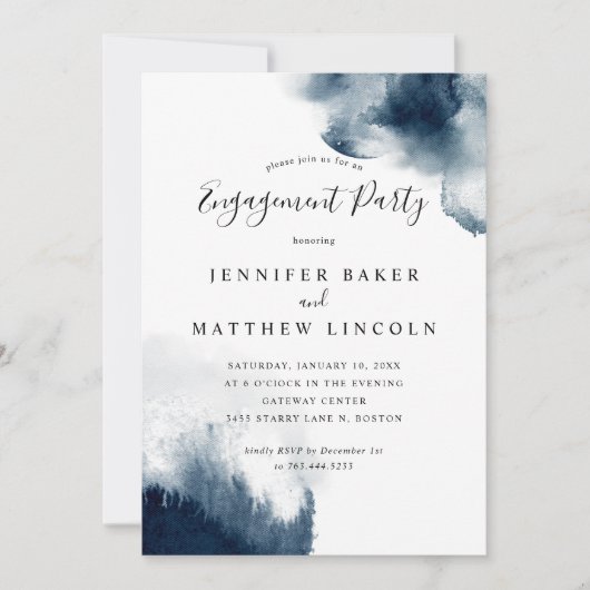 Elegant Navy Blue Waterverf Engagement Party Kaart (Voorkant)