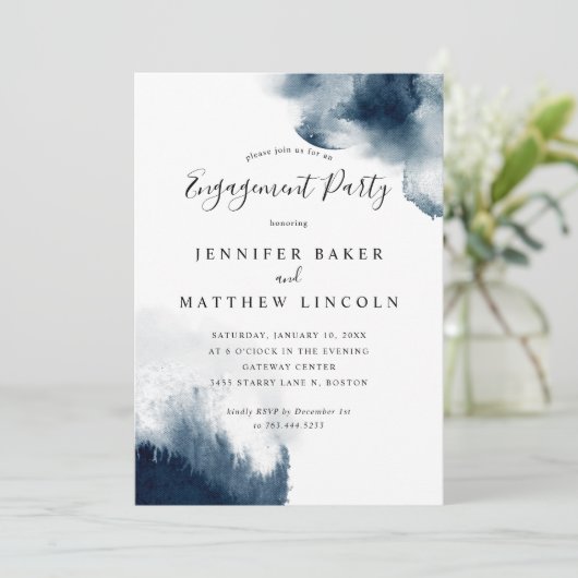 Elegant Navy Blue Waterverf Engagement Party Kaart (Staand voorkant)