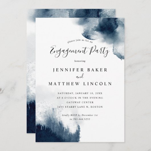 Elegant Navy Blue Waterverf Engagement Party Kaart (Voorkant / Achterkant)