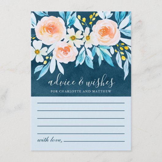Elegant Navy Blue Waterverf Floral Wedding Advieskaart (Voorkant)