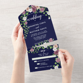 Elegant Navy Blue Waterverf Floral Wedding All In One Uitnodiging