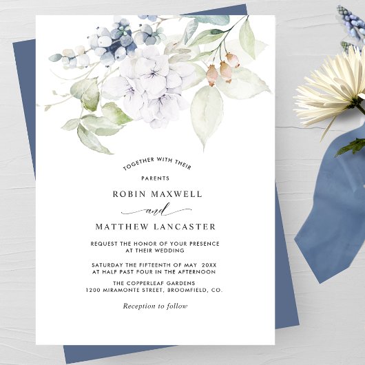 Elegant Navy Blue Waterverf Floral Wedding Kaart