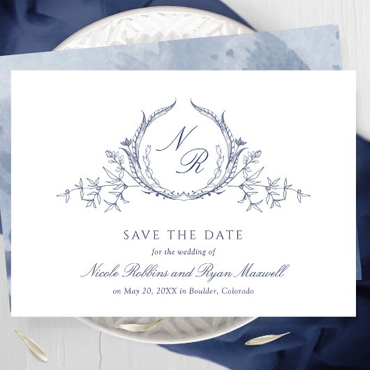 Elegant Navy Blue Waterverf Monogram Calligrafie Save The Date