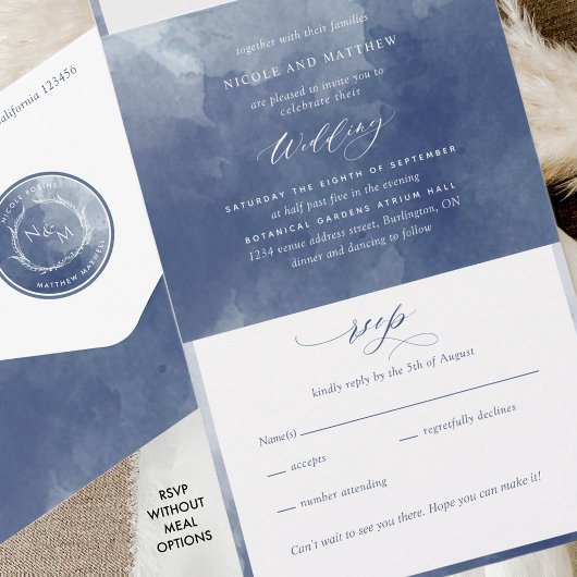 Elegant Navy Blue Waterverf Monogram Weddenschap All In One Uitnodiging