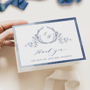 Elegant Navy Blue Waterverf Monogram Weddenschap Bedankkaart