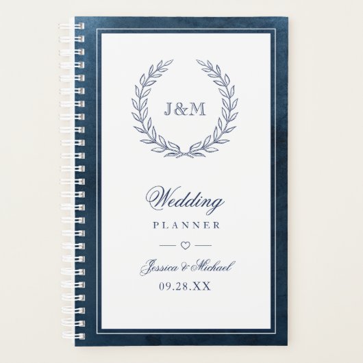 Elegant Navy Blue Waterverf Monogram Weddenschap Planner (Voorkant)