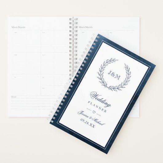 Elegant Navy Blue Waterverf Monogram Weddenschap Planner (Display)