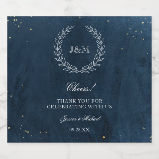 Elegant Navy Blue Waterverf Monogram Weddenschap Sparkling Wijnetiket (Enkel label)