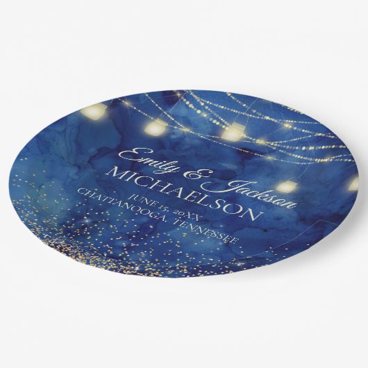 Elegant Navy Blue Waterverf String Lights Wedding Papieren Bordje (Gekanteld)