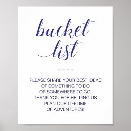 Elegant Navy Blue Wedding Bucket List Ideeën Sign Poster (Voorkant)