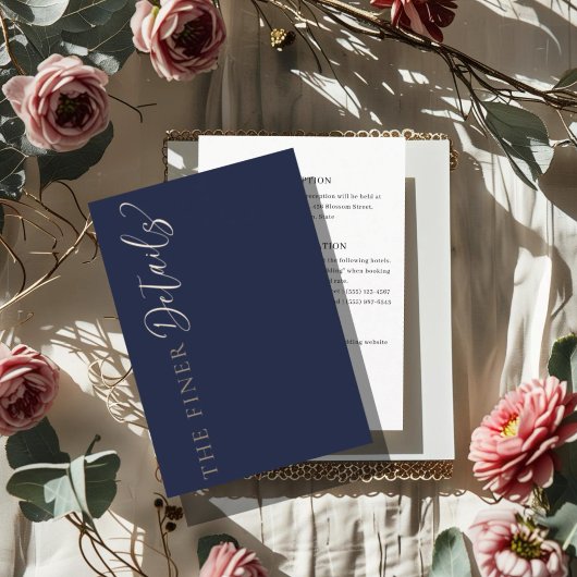 Elegant Navy Blue Wedding Details Informatiekaartje
