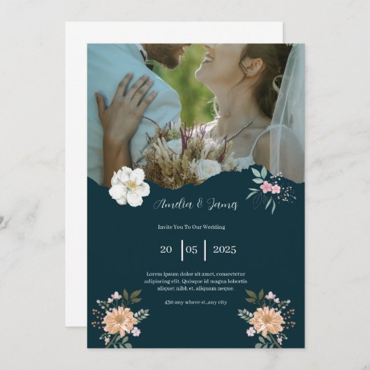 Elegant Navy Blue Wedding Invitation Kaart (Voorkant / Achterkant)