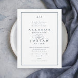 Elegant Navy Blue Wedding Invitation Kaart<br><div class="desc">Deze elegante marineuitnodiging voor een blauwe bruiloft is een klassieker. Het is eenvoudig en veelzijdig. Het kenmerkt een chic wit en blauw ontwerp met een monogram,  manuscriptdetails,  eenvoudig lijst en formele editable teksten. Klik uitgeven knoop om dit ontwerp aan te passen.</div>