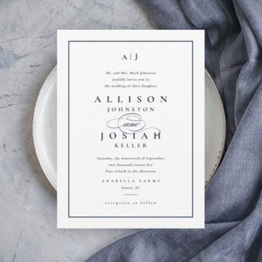 Elegant Navy Blue Wedding Invitation Kaart