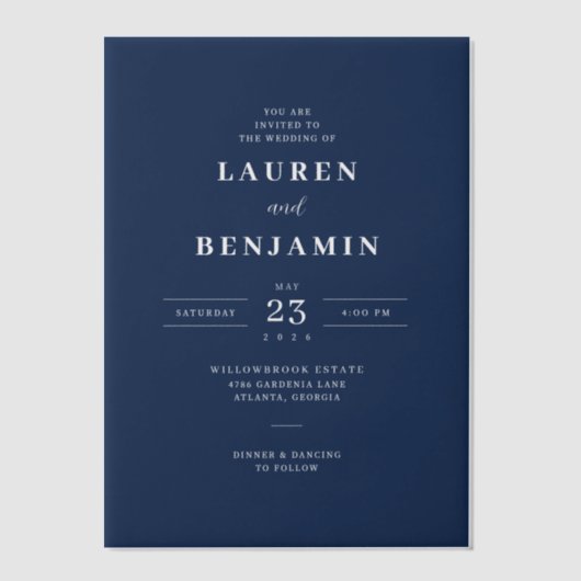 Elegant Navy Blue Wedding Invitation Vellum Uitnodigingen (Voorkant)